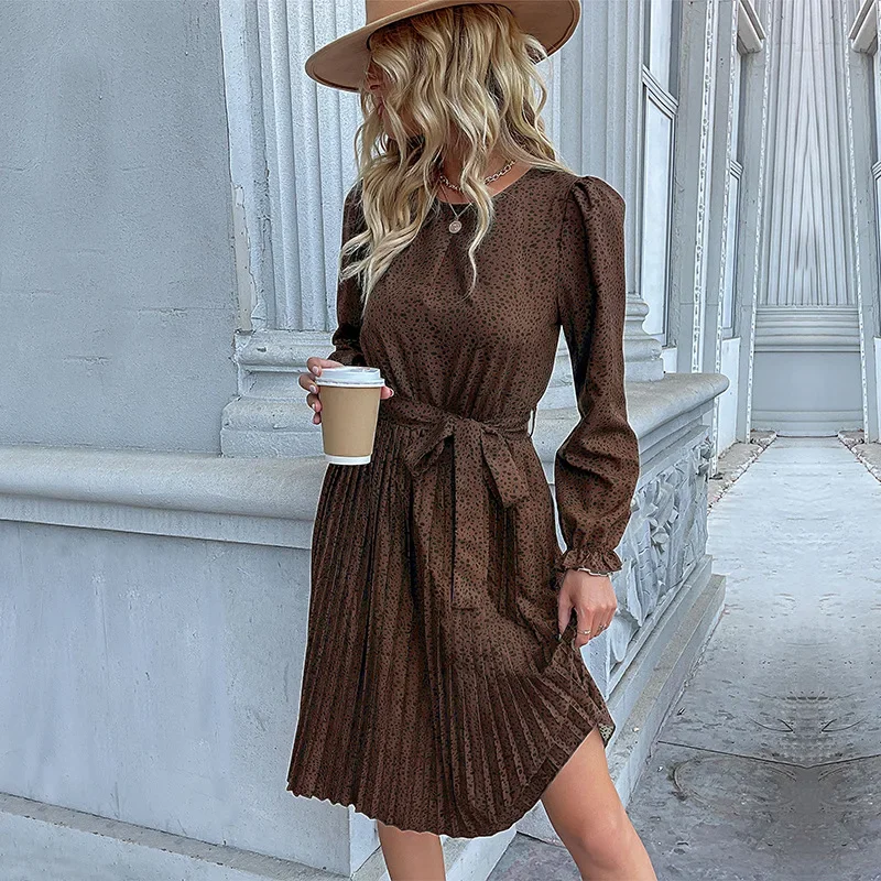 Robe imprimée léopard pour femmes, nouvelle mode, élégante, polyvalente, col rond, manches longues, lacets, taille cintrée, robes mi-longues