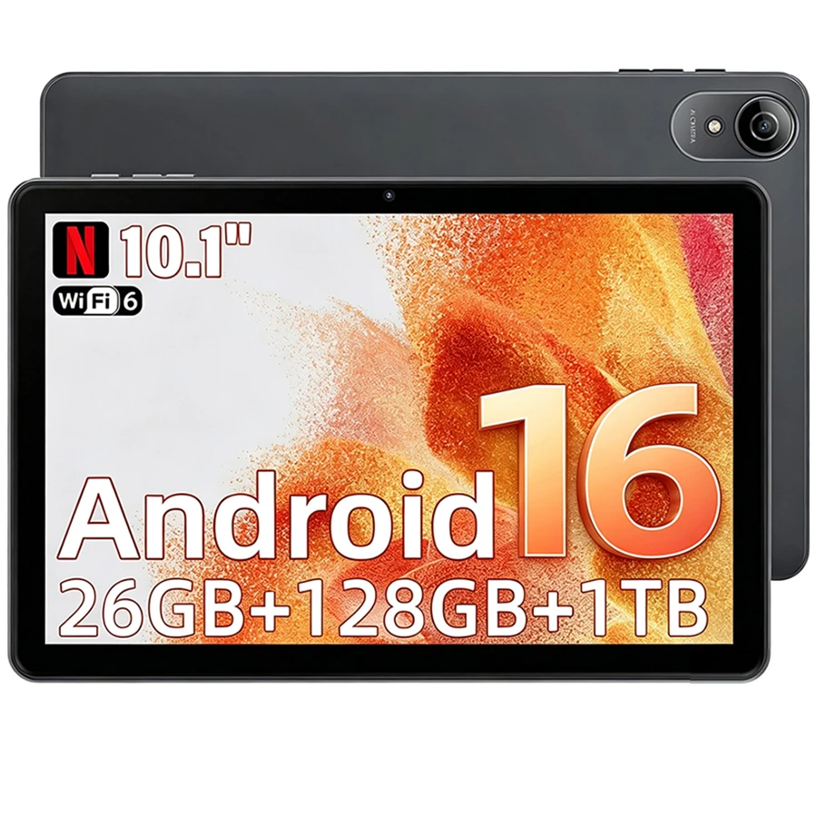 Android 16 Tablet 10.1 Inch GMS Certified Tablets 1.6 GHz 26GB(6+20) RAM 128GB ROM 1TB Expand WiFi 6 Bluetooth 5 Dual Camera