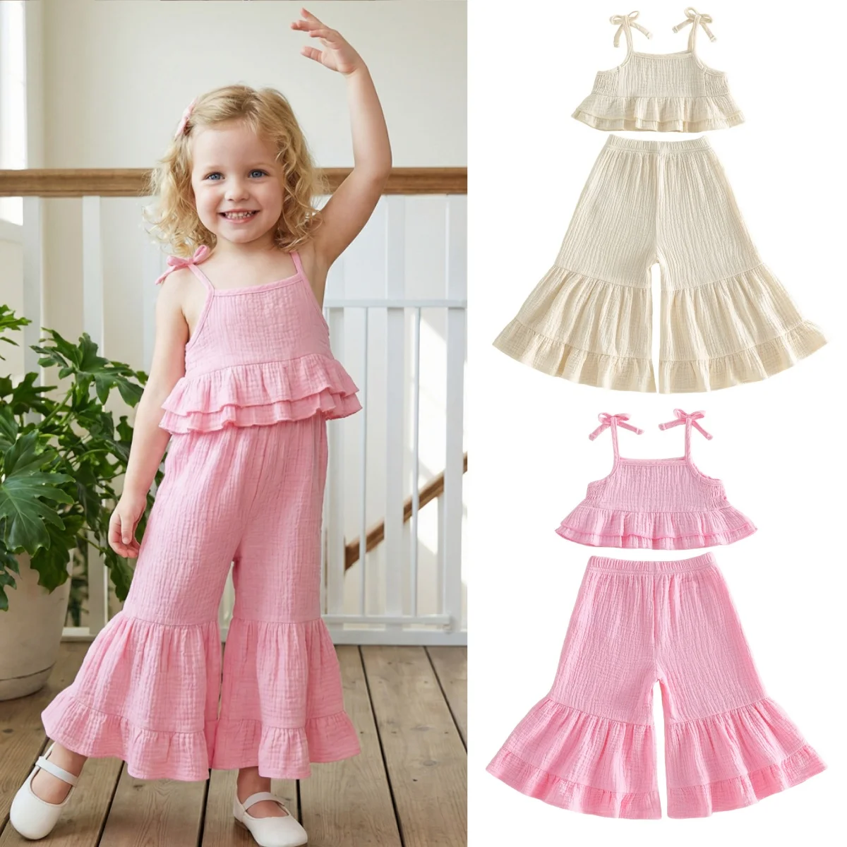 0-5Y Summer Toddler Girls Pants Sets Tie-up Camisole Bodydoll Tops with Flare Pants Solid Color Kids Girls Outfits