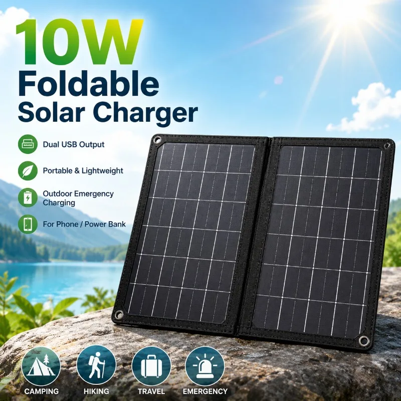 All-in-One 10W Solar Charger Foldable Seamless Design with Dual USB Fast Charging Portable Solar Power Bank for Outdoor