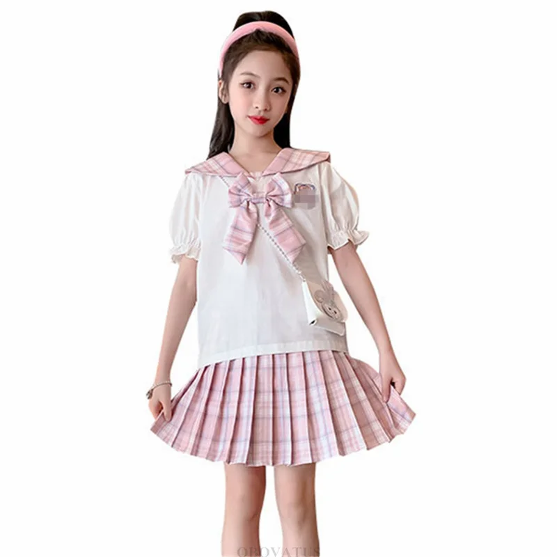 Summer Baby Girls Uniform Clothes Set Child Tops Shirt + Blouse Two Pieces Suits Teenager Outfits With Bow Kids School Outerwear