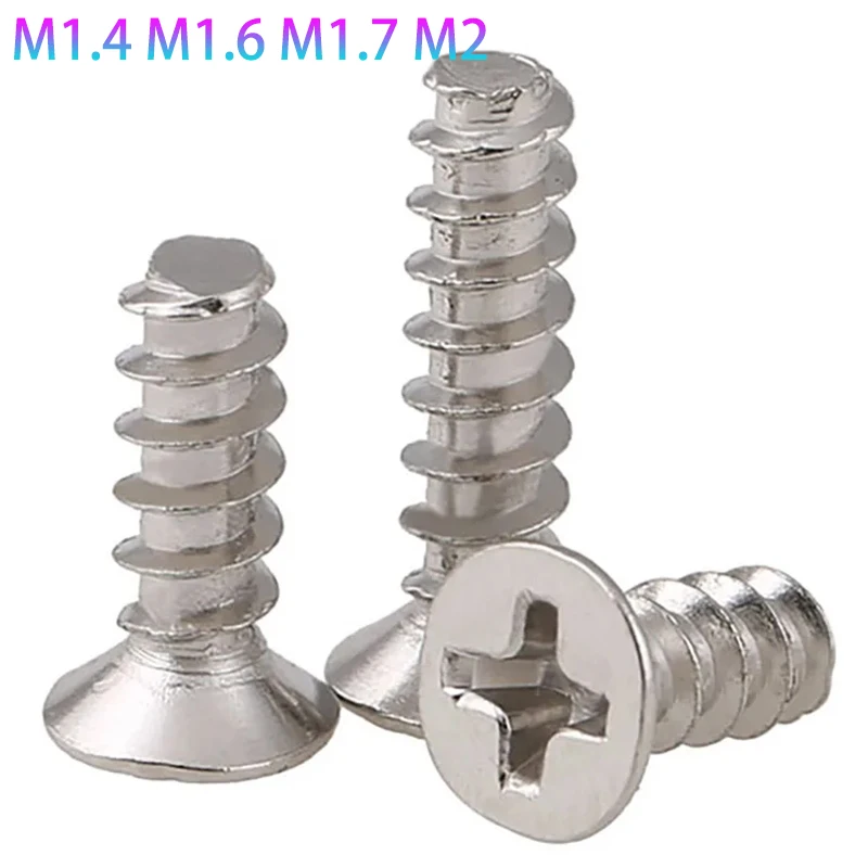 100-500Pcs Silvery Phillips Countersunk Head Self Tapping Flat Tail Screws M1.4 M1.6 M1.7 M2 Surface Nickel Plating Bolts