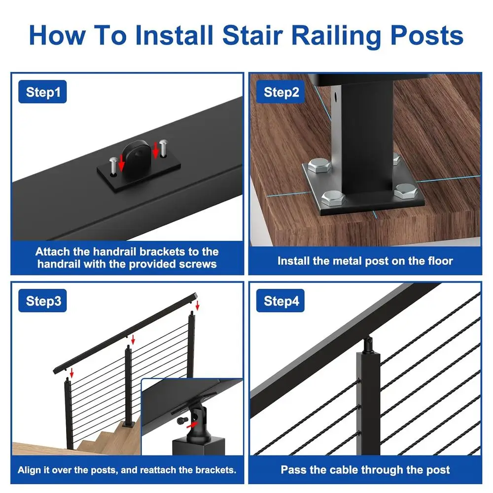42 Stair Cleat Railing Posts (41x2x2), Stainless Steel Adjustable Line Post, Matte Black Top Mount Cleat Handrail for Railing Ki