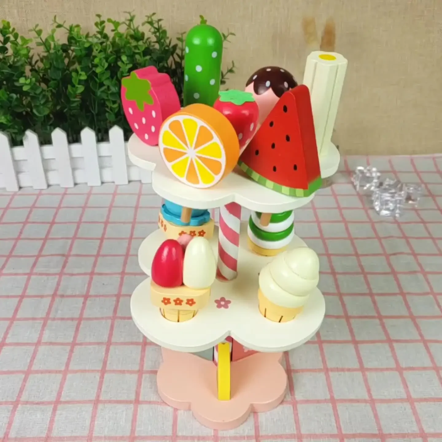 Wooden simulation ice cream rack sweet cone family early childhood education enlightenment interest cultivation toys