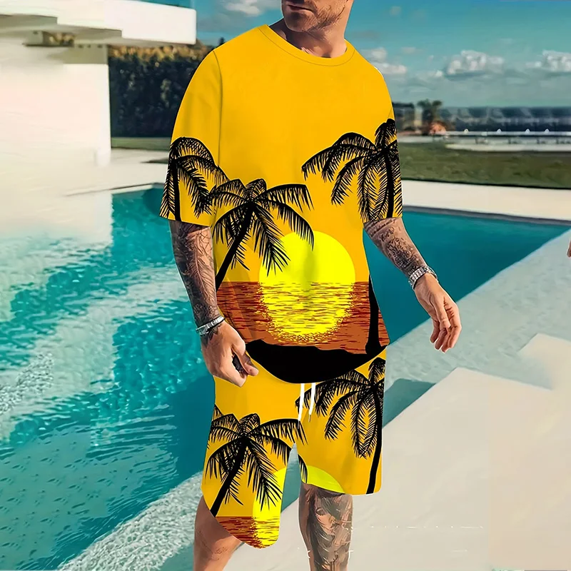 Fashionable Men's Set Beach Style Oversized Men's Loose Top Summer Casual Breathable Refreshing Set Printed 3D Coconut Tree