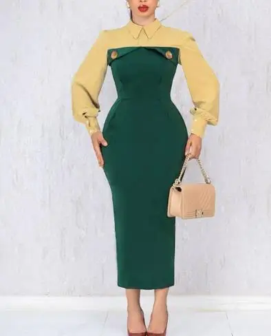 

Fashionable, Elegant, Personalized, Color Blocking Splicing, Lapel Button Decoration, Women's Waist Bag, Hip, Long Sleeved Dress