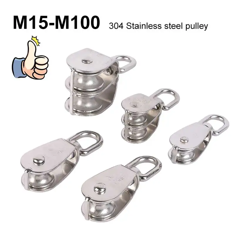 304 Stainless Steel Wire Rope Pulley Single and Double Pulleys M15-M100 Causing Heavy Hand Pull Rope Pulley Fixation for DIY