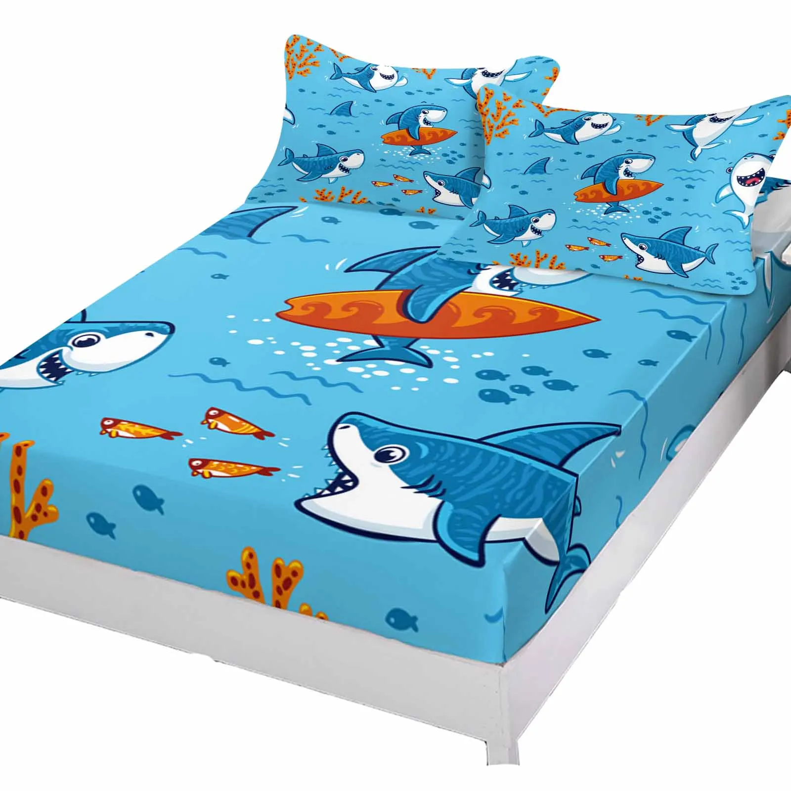 Blue Shark Cartoon Comic Children Undersea Danger Bed Mattress Fitted sheet Elastic Rubber Band Non-slip Bed Sheet Pillowcase