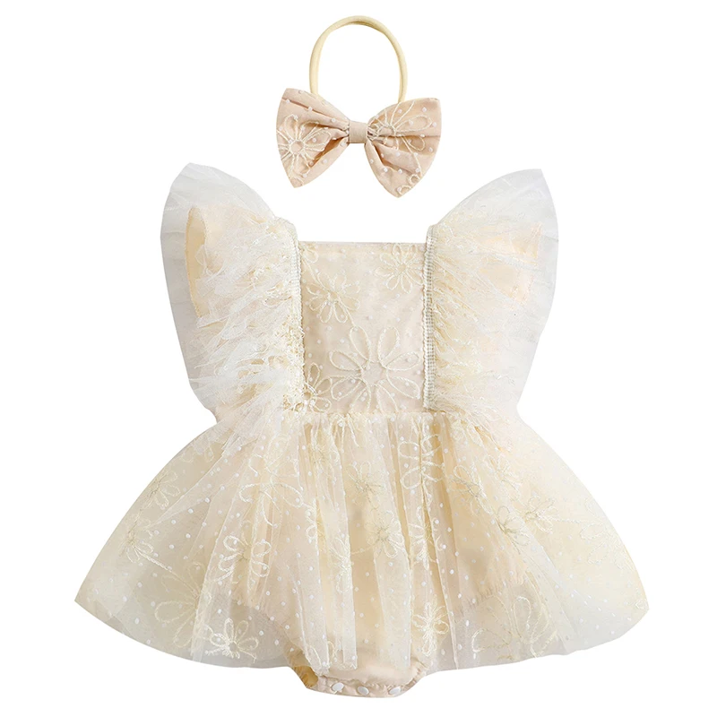 Baby Girl Two Piece Outfits Summer Floral Mesh Suspender Romper Stretch Headband Cute Baby Princess Bodysuits Jumpsuit Clothes