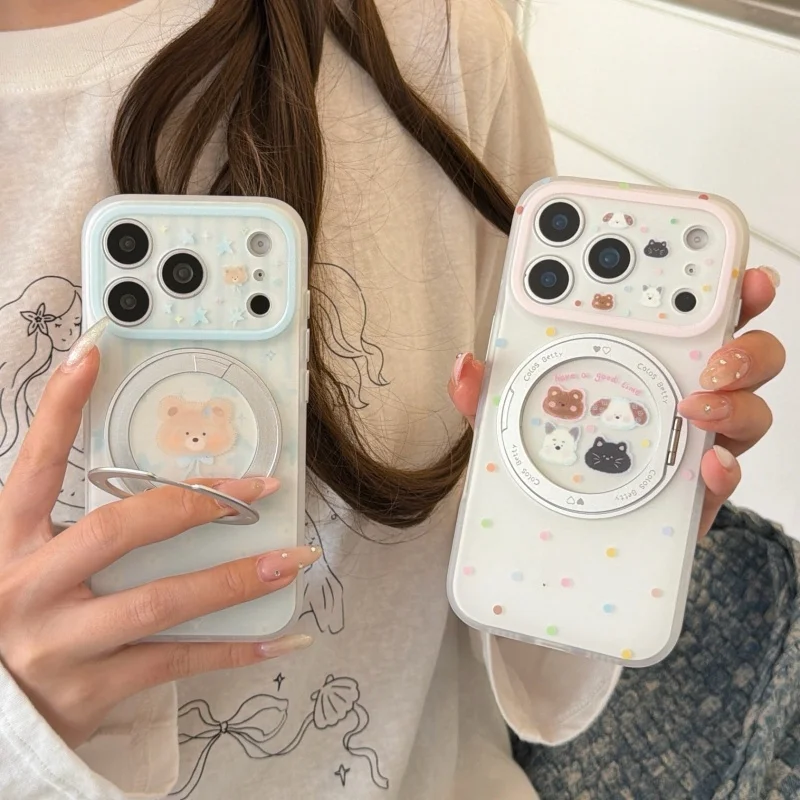 

Color Polka Dot Cute Bear Cat Animal Phone Case For iPhone 17 Pro 15 16 14 Pro Max Cover with Rotation Stand Cartoon Protective