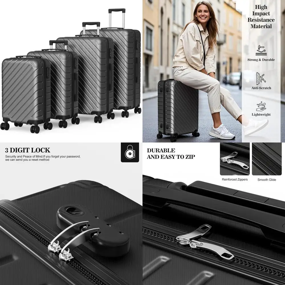 

Набор чемоданов из 4 предметов: дорожный чемодан с вращающимися колесами, размер ручной клади, включает в себя бесплатный чехол и вешалку — черный