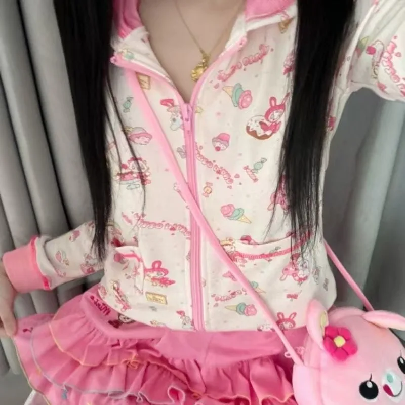 Bluzy z kapturem w stylu Harajuku, estetyka subkultury, japońskie kawaii, bluza z nadrukiem kreskówkowym, urocza codzienna kurtka, damska bluza rozpinana na zamek, słodka bluza