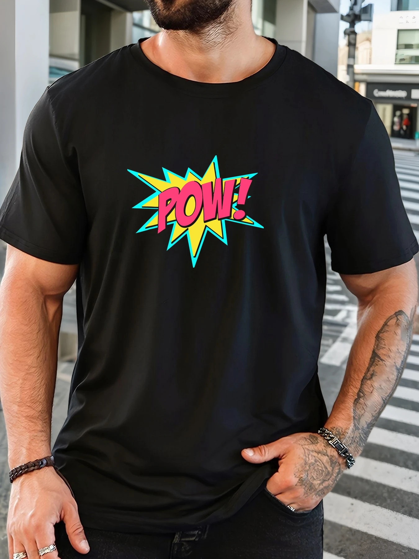 

Men's POW! pattern summer casual crew neck short T-shirt