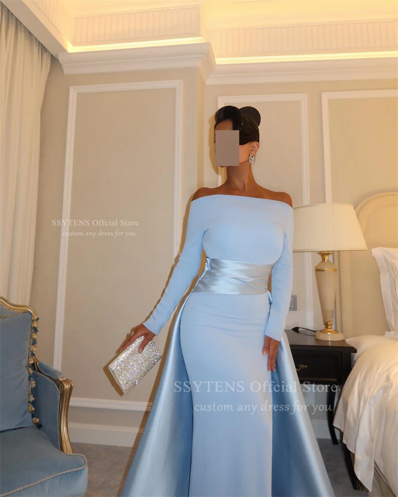 SSYTENS Blue Boat Neck Dubai Evening Dresses Floor Length Customized Prom Gowns Saudi Long Formal Occasion Dresses for Women