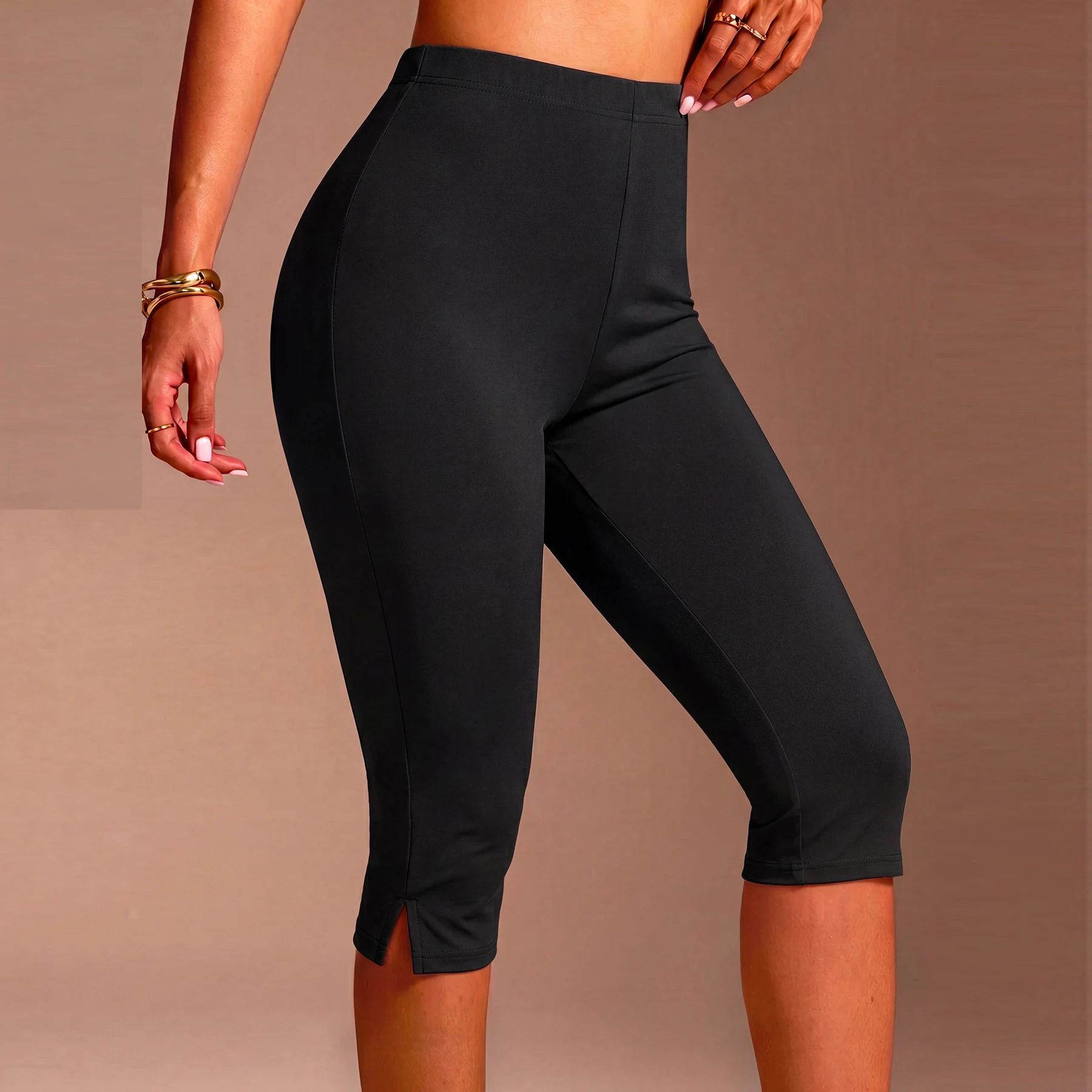 Women High Waist Capri Leggings Side Split Knee Length Pants Soft Stretch Slim Fit Yoga Workout Casual Cropped Trousers Tights