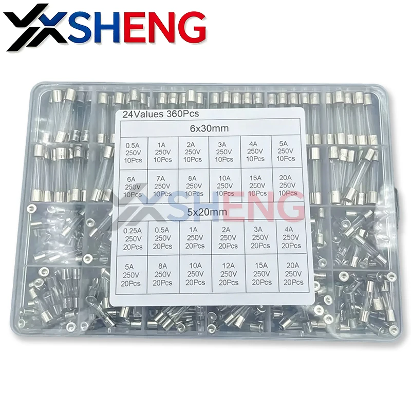 24Value-360PCS Ceramic Fuse Combination Box  5*20mm 6*30mm 250V 0.25A 0.5A 1A 2A 2.5A 3A 4A 5A 6A 8A 10A 15A 20A 5x20 6x30mm