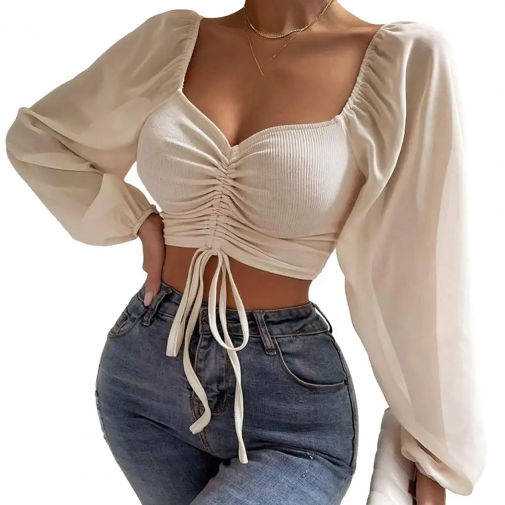 ملابس علوية مثيرة من الدانتيل برقبة على شكل حرف V للنساء ، أكمام طويلة بسيطة ، مناسبة ، أحادية اللون ، موضة ساخنة ، الصيف والربيع ،