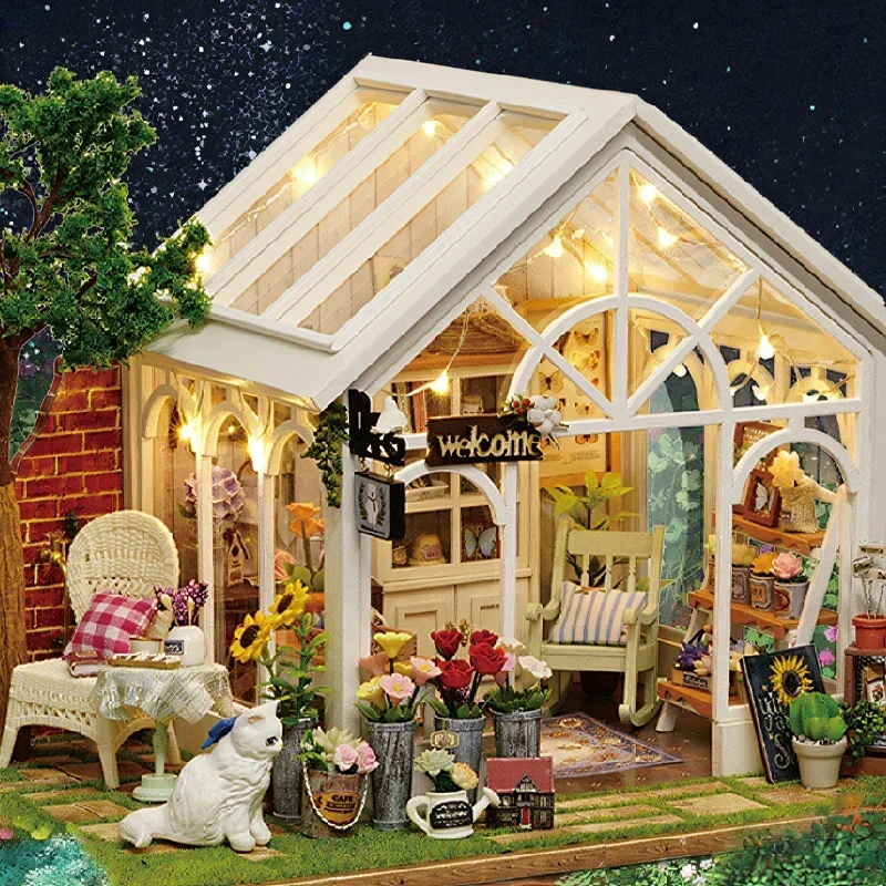 Anima diy cabine sol flor casa pátio mini pequena casa modelo cena em miniatura montado blocos de construção presente aniversário