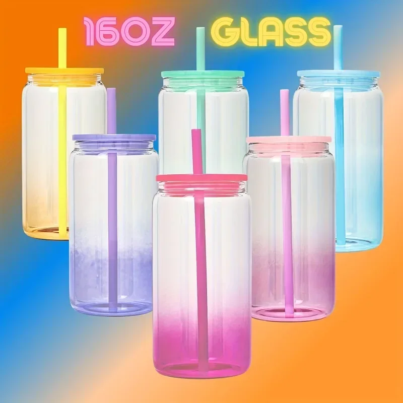 1pc 16oz (480ml) Gradient Color Drinking Mug Glass Cup with Lid and Straw for Iced Coffee Smoothies or Whiskey Cocktail Glasses