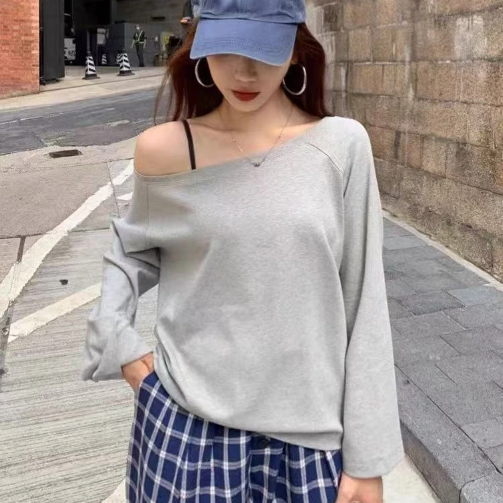 Soft Elastic Cotton Off Shoulder Long Sleeve Tops Women Slim Fit Korean Daily Commute Y2K Basic Casual Blouse Tees