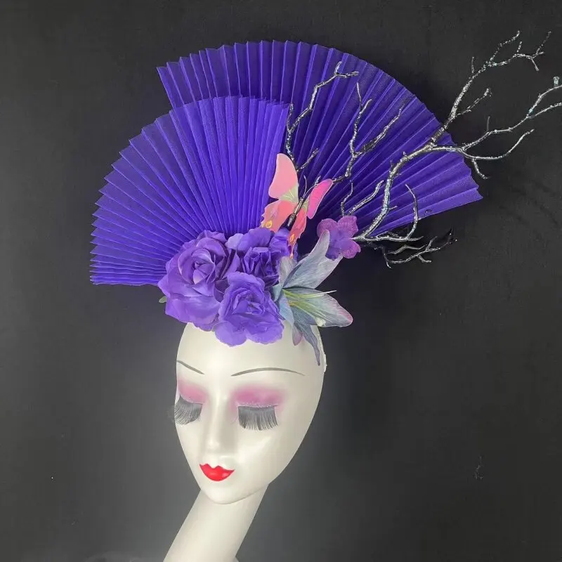 New Chinese Style Purple Flower Stage Model Runway Makeup Styling Fan Headwear Female