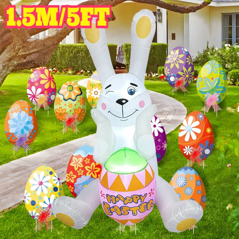 1.8M/6FT Happy Easter Inflatable Toys Blinking Rabbit Hold Egg Decorations with LED Lights Model Outdoor Decor Garden Ornaments
