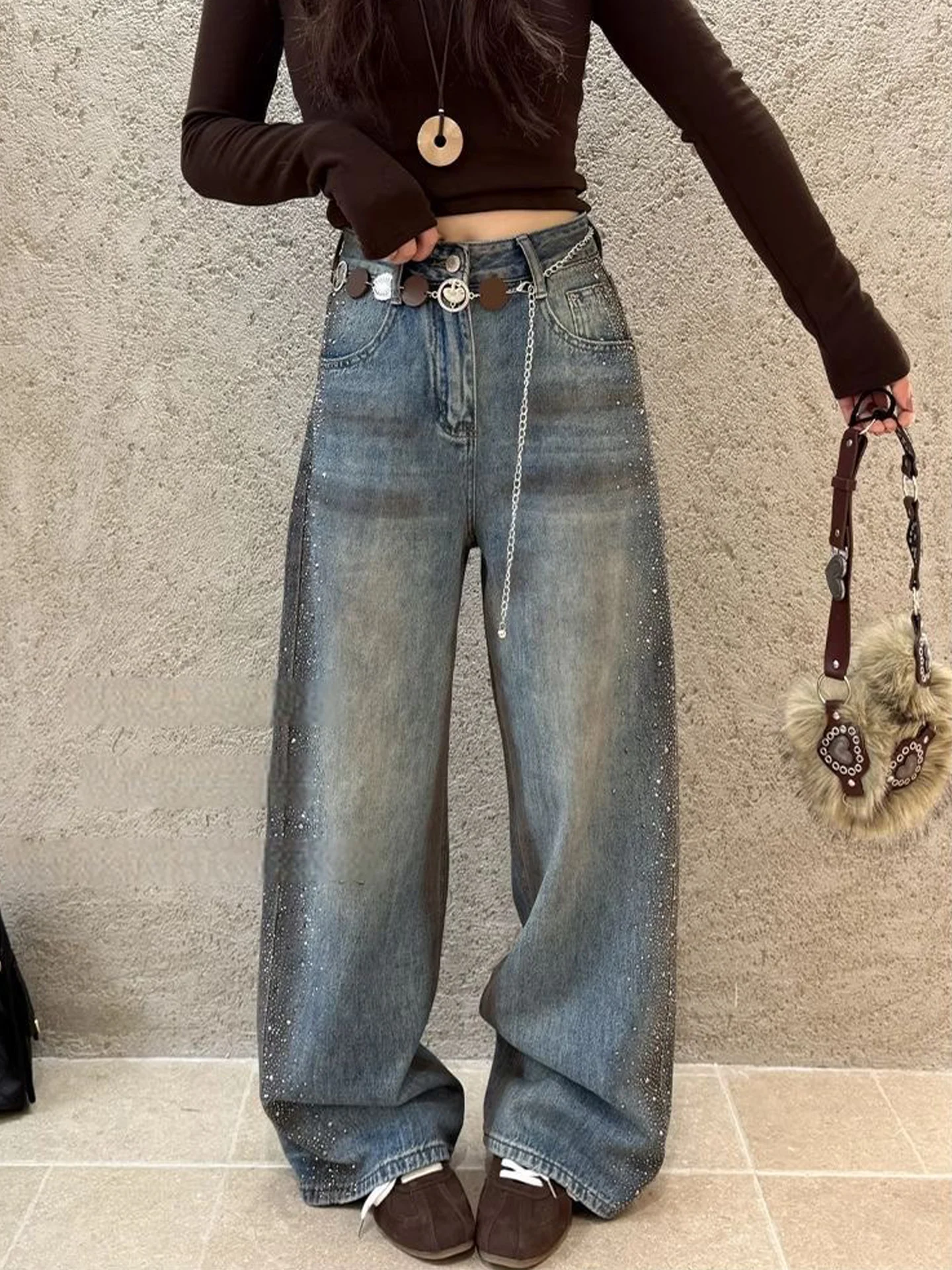 

Ретро-джинсы в американском стиле с блестками, женские, с высокой талией, широкие штанины, весна-лето, модные, стройнящие, в пол