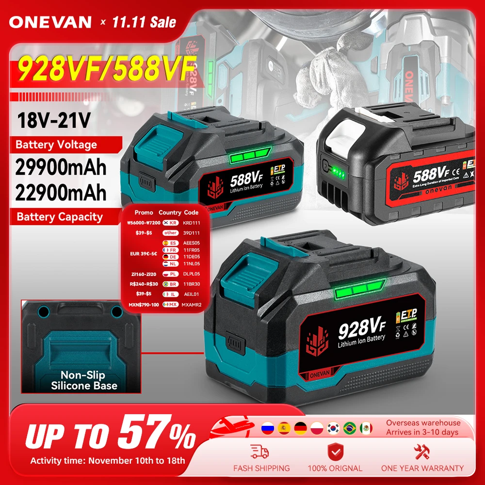 Bateria de Lítio Recarregável 22900mah 29900mah Bateria 588vf Indicador de Capacidade para Makita 18v Chave Elétrica Broca Ferramenta Elétrica