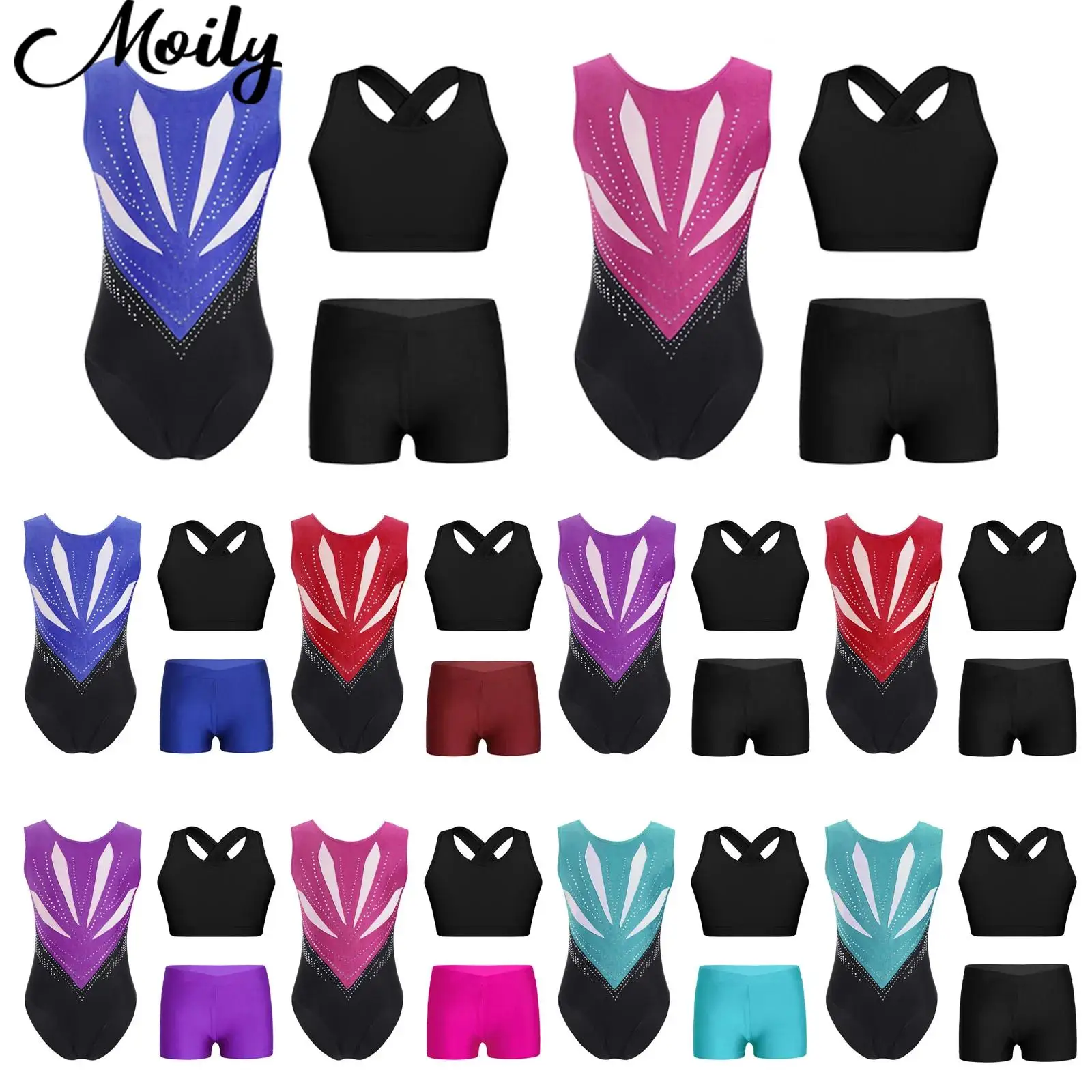 2025 Bambini Set di danza ritmica Ragazze Bowknot Ritaglio Indietro Strass Body + Vest + Pantaloncini Balletto Pattinaggio Ginnastica Abiti da palcoscenico