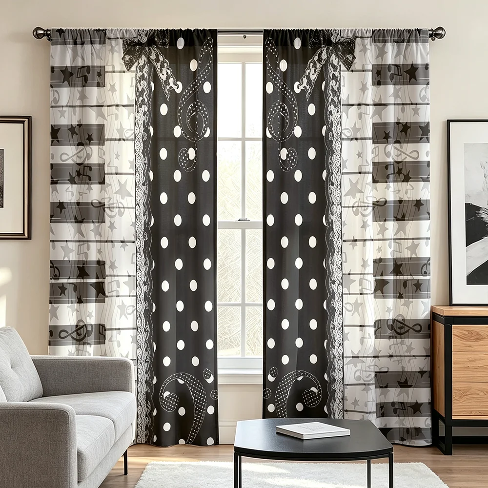 2PCS Digital Print Curtains Black White Polka Dot Stripe Star Lace Print Modern Bedroom Window Drapes