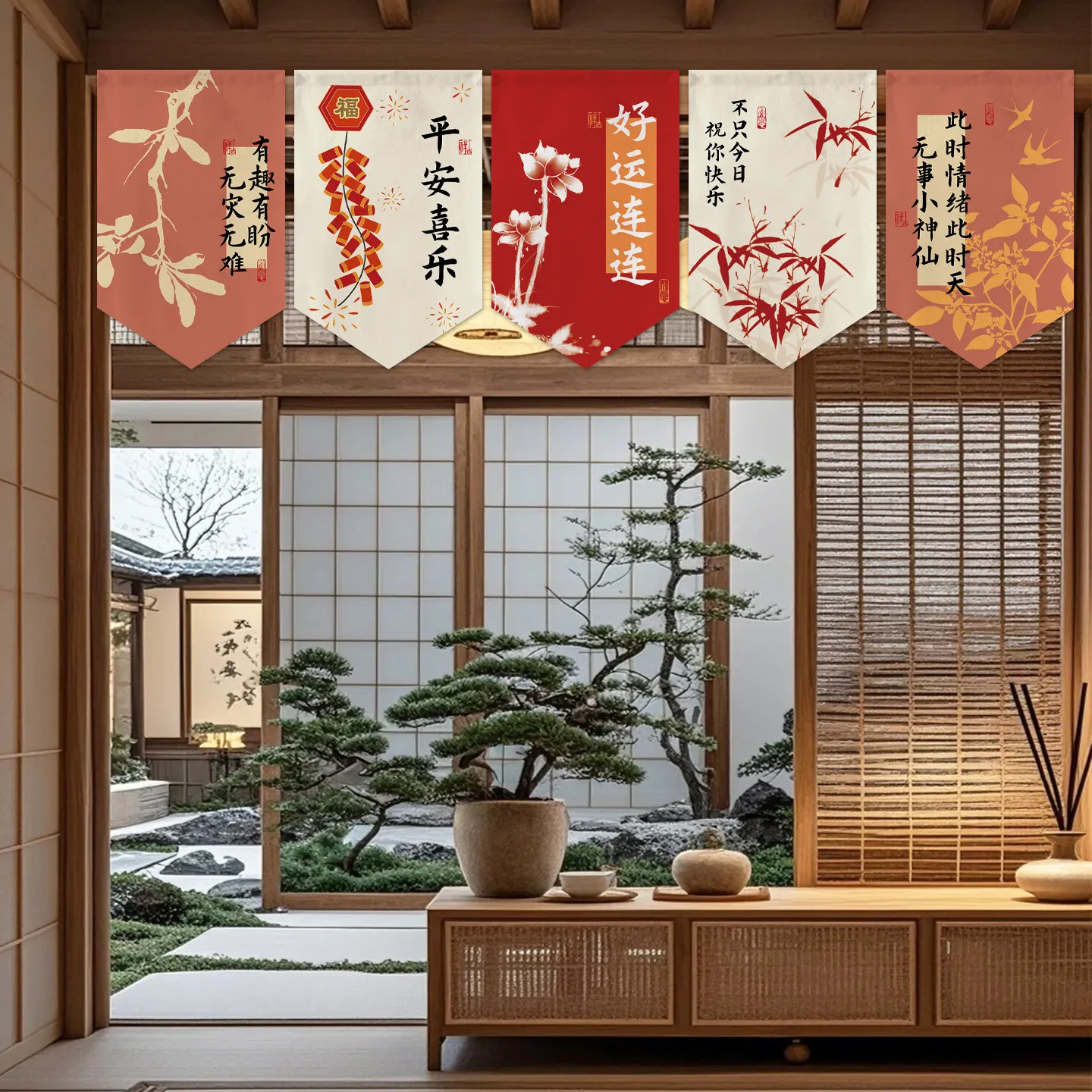 VIKAMA New Chinese Style Hanging Pennant Curtain, Festival Red Short Half for Shop Kitchen