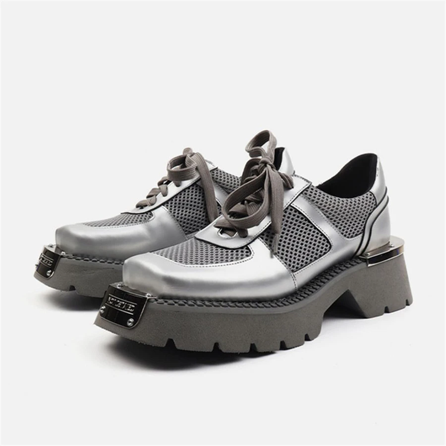 

Mesh Thick Sole Women Pumps Square Toe Chunky Heel Lace-up Zapatos Platform Leather Derby Shoes Ladies Silver Footwear
