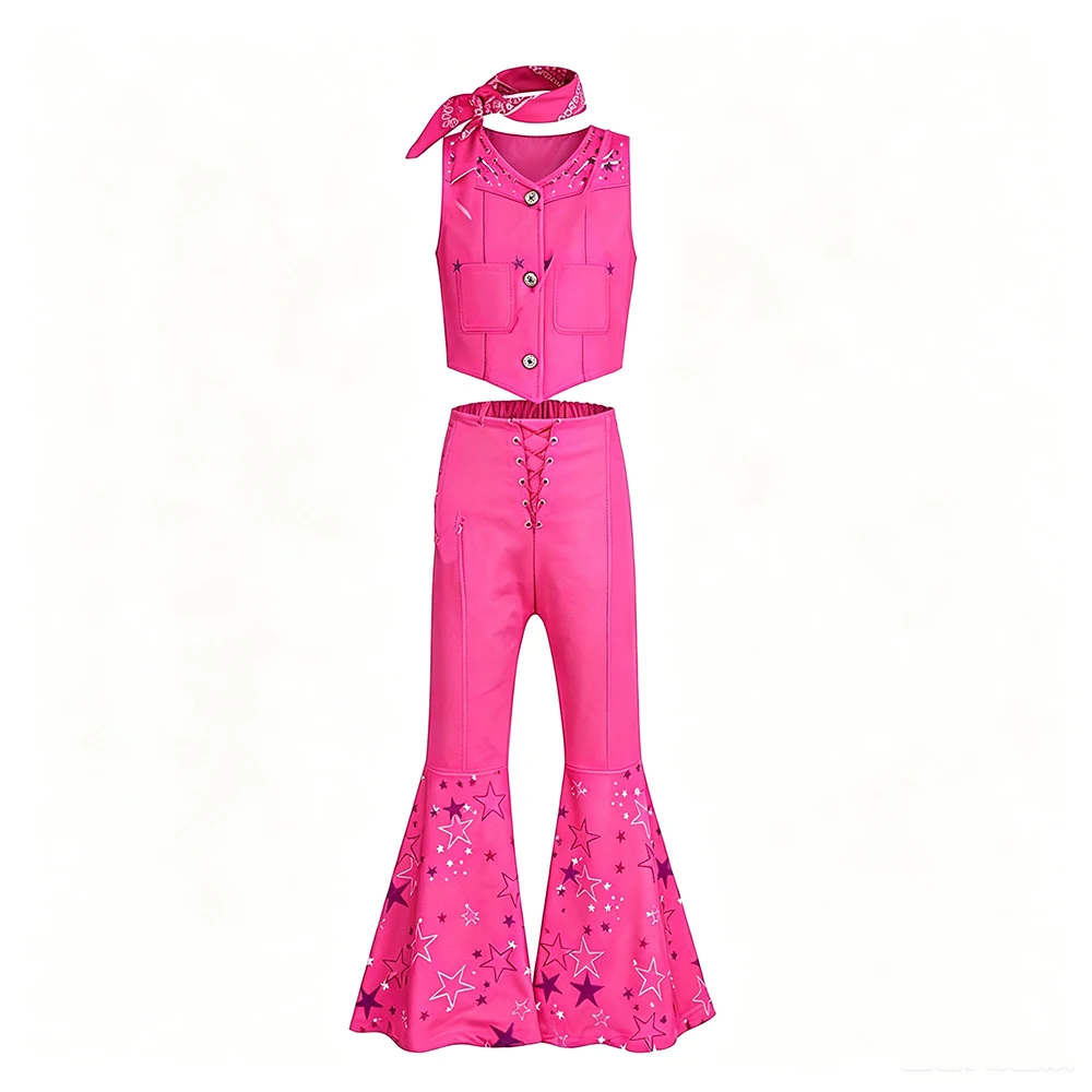 Pink Cowgirl Costume for Girls Outfit Sets with Cowboy Hat Vest and Pants Set Bandana Halloween Costumes Birthday Party Cosplay