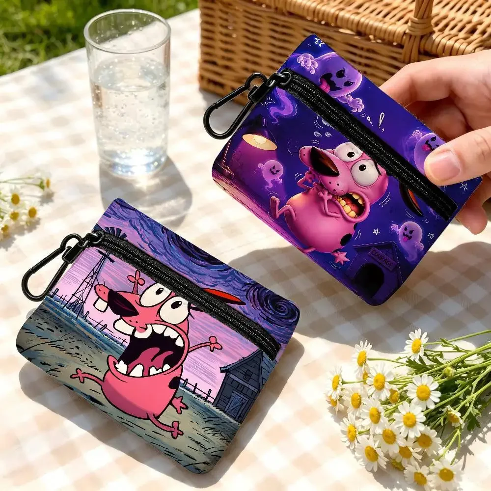 Courage Dog Night Blue Sky  Portable Oxford Fabric Mini Wallet Carabiner Design Small Coin Bag For Cards Keys Earphones