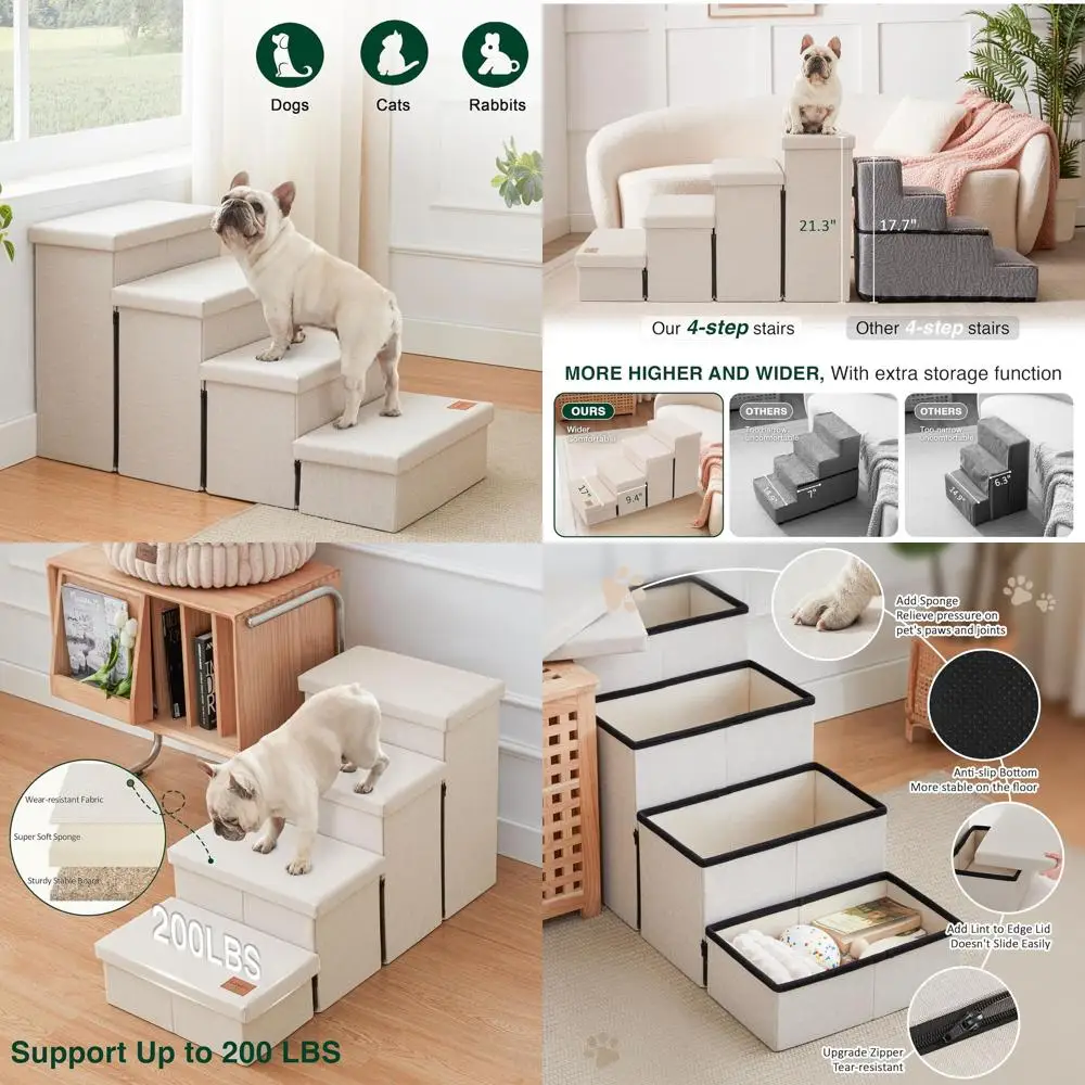 

Adjustable 4-Step Folding Pet Stairs with Storage for Dogs and Cats up to 200 lbs, Beige