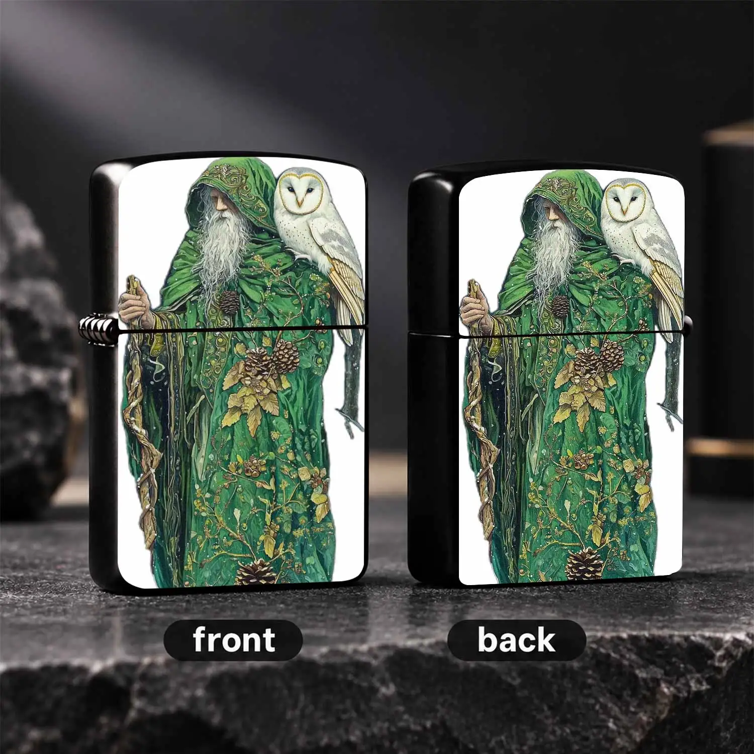 Vintage Forest Wizard Barn Owl Pattern Portable Lighter, Fantasy Nature Themed Green Wizard Design Igniter, Suitable For Camping Travel Daily Carry Officegifting, Exquisite Whimsical Decorative Practical  A Humorous And Interesting Lighter