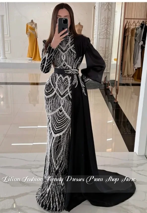 Vestido de noche negro de retales de lujo personalizado, vestido de compromiso con cuentas de manga larga, apliques de cristal, vestido para ocasión Formal