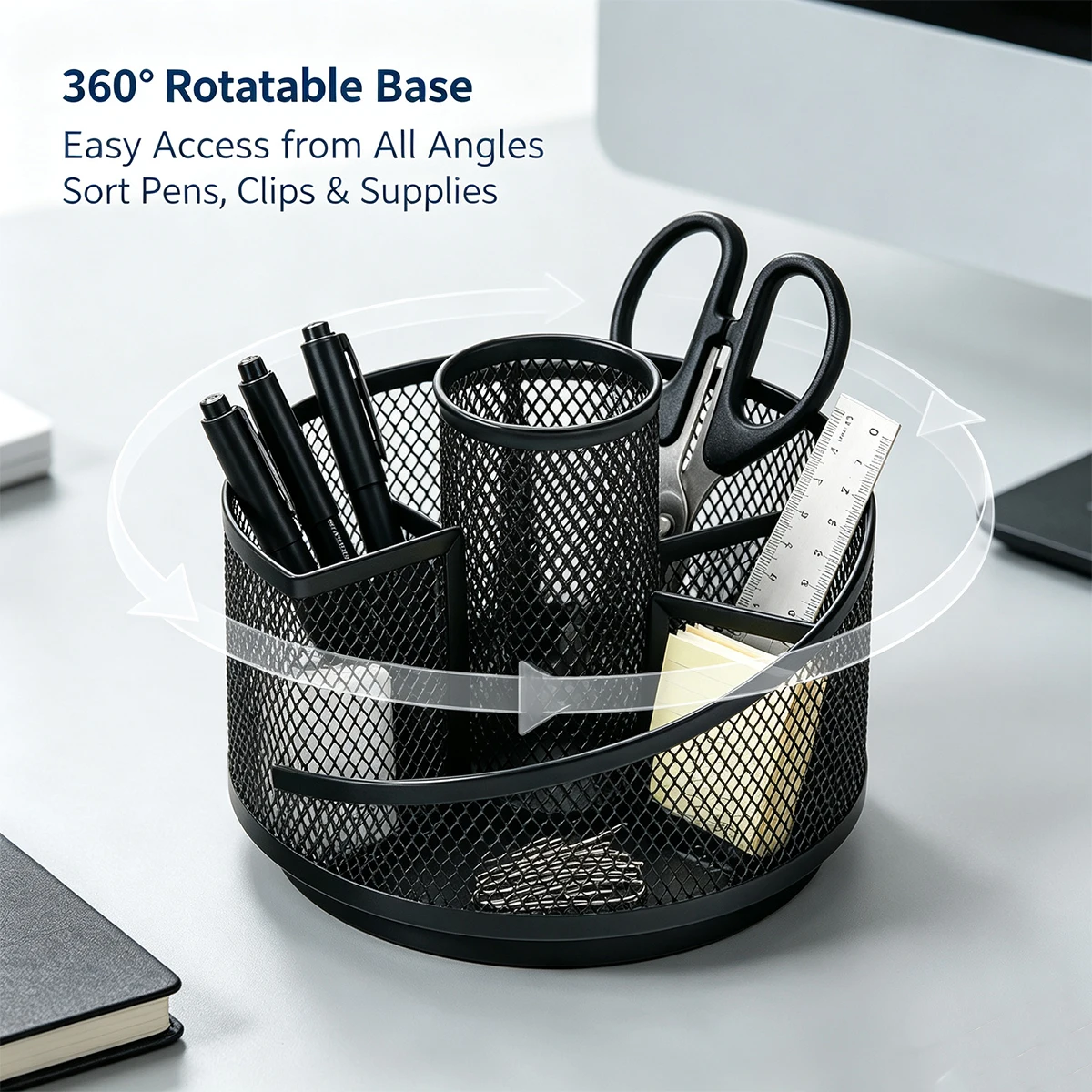 360 Degree Rotating Metal Mesh Desk Organizer,Multi‑Compartment Pen Pencil Holder Desktop Stationery Storage for Office  Black