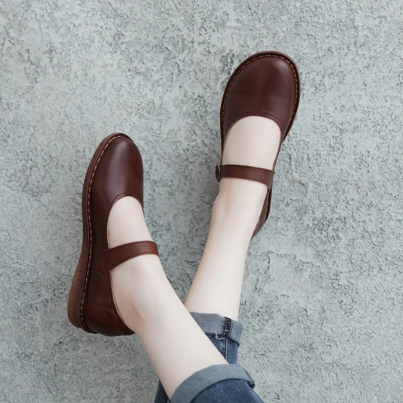 Careaymade-Genuine Leather Soft soled women's shoes,Leather Casual Round Head Portable Buckle Strap Soft Leather Flat Heel Shoes