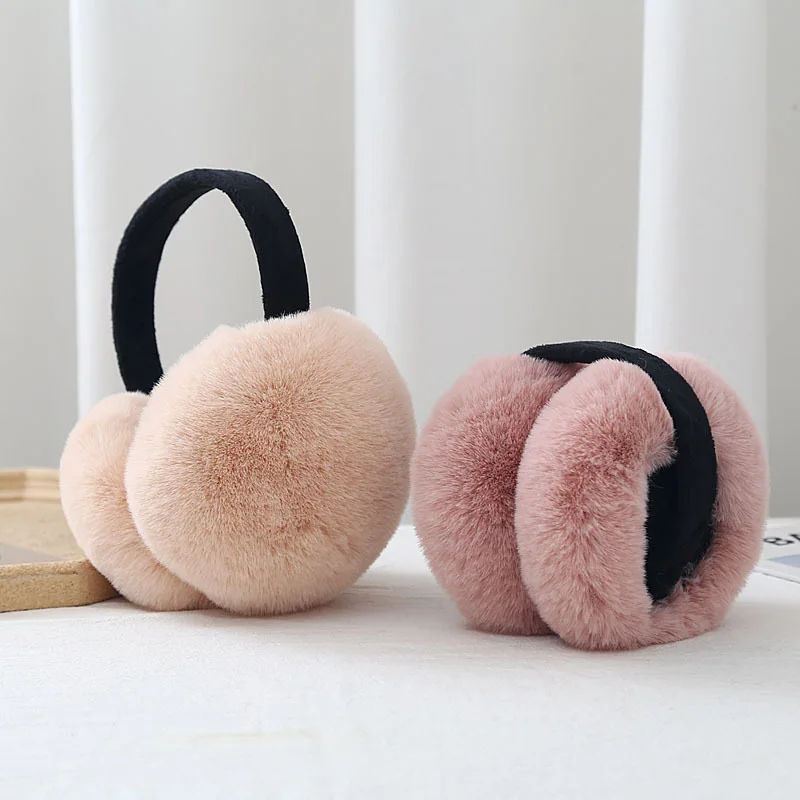 Women Faux Fur Earmuffs Winter Soft Plush Ear Warmers Black Non‑Furry Headband Outdoor Snow Foldable Cold‑Resistant Ear Covers