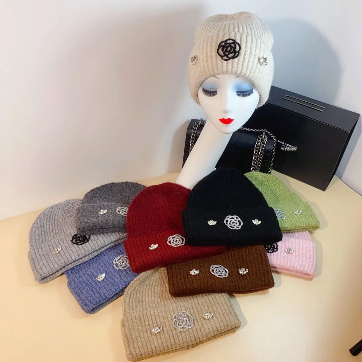 2024 Xiaoxiang Feng Shui Diamond Wool Blended Knitted Head Cap Warm Wool Material Winter Ear Protector Baotou Cold Hat for Women