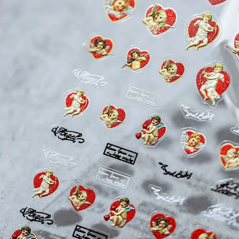 Cute Little Angel Red Love Heart 5D Soft Reliefs Self Adhesive Nail Art Decorations Stickers Delicate 3D Nail Decals Wholesale