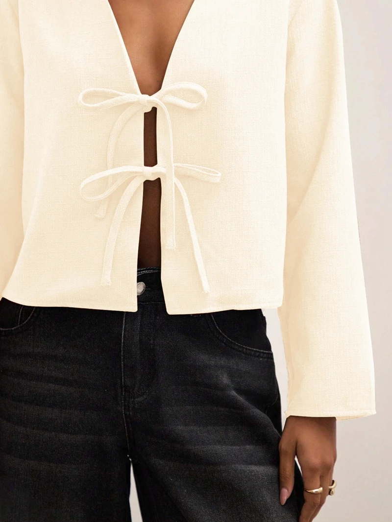 Abrikoos dames casual blouse met striksluiting, sexy overhemd, comfortabele pasvorm, modieuze top voor kantoor- en vrijetijdskleding