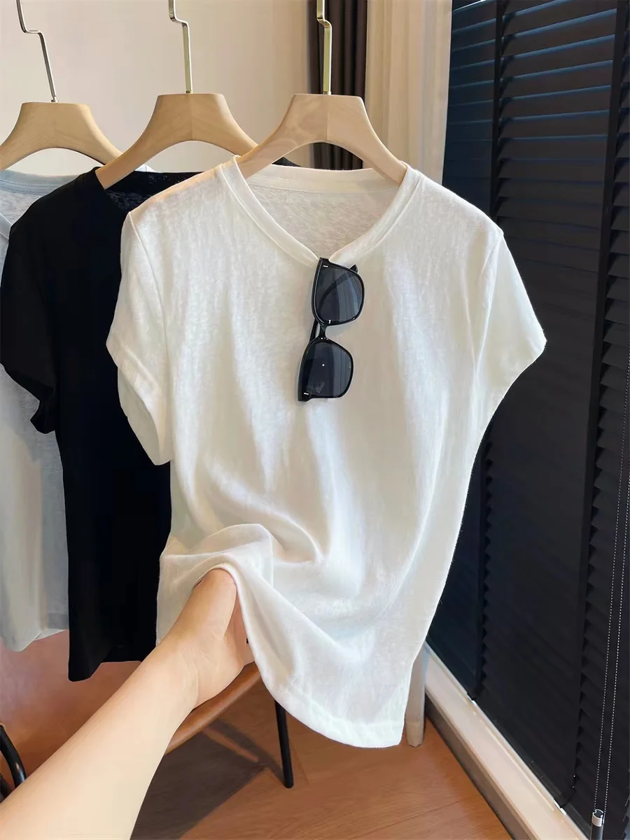 

Women's Summer Linen Tee Slimming High-Level Textured round Neck T-Shirt Short Sleeve Cool Versatile Solid Color