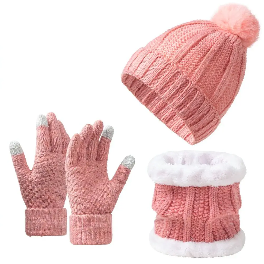 Unisex Winter Thermal Set Knitted Beanie Scarf Touch Screen Gloves Thick Fleece Lined Outdoor Windproof Protection Suit