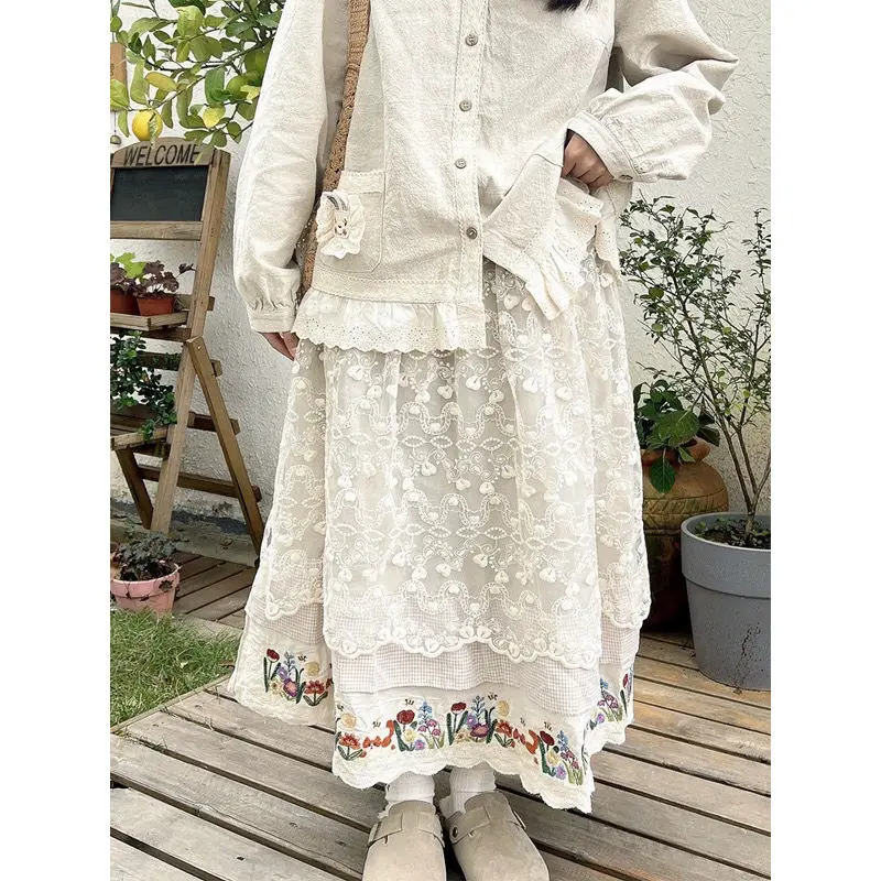 

Women Spring Summer Japanese Style Mori Girl Elastic Waist Loose Lace A-line Skirt Flower Embroidery Cotton Linen Skirts