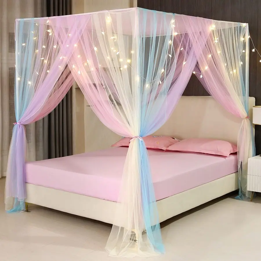 

Bed Curtains with Lights,Rainbow Bed Canopy Bed Drapes Netting Bedroom Decoration Accessories for Girls Adults,Full