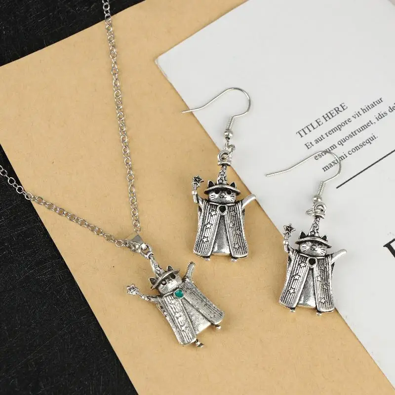 Cute Cat Wizard Costume Magic Hat Design Pendant Necklace Earrings Niche Unique High-end Personalized Exquisite Jewelry Gift