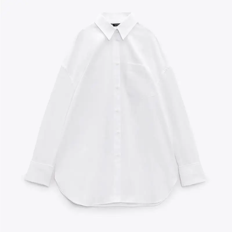 

White Pure Cotton Loose Long Sve irt TRF Women's Faion 229 Sle Collar Button Detail Regular Length Spring 2023