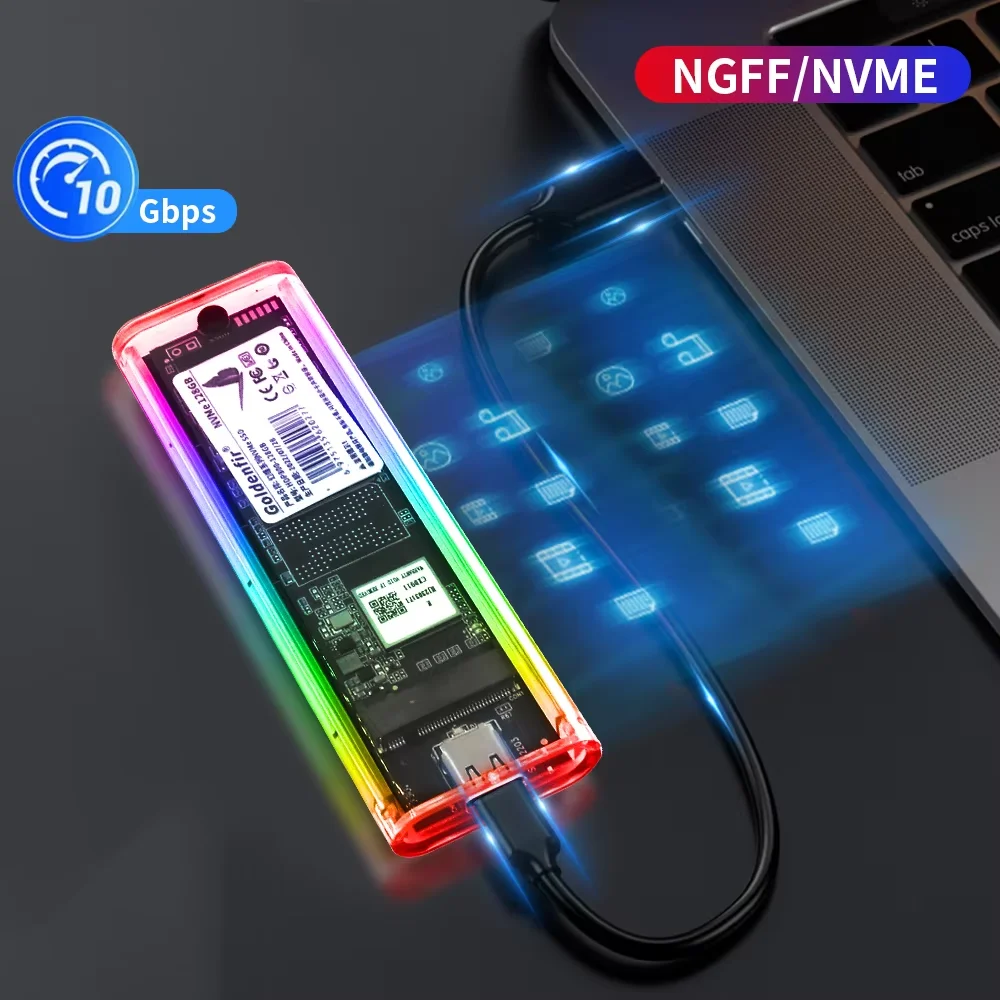 PC용 투명 하드 드라이브 박스, M/B 키 SSD 2230 2242 2260 2280, RGB M.2 NVMe SATA SSD 인클로저, 10gbps USB3.1 Gen2 ,RGB M.2 NVMe SATA SSD Enclosure 10gbps USB3.1 Gen2  Transparent Hard Drive Box for M/B Key SSD 2230 2242 2260 2280